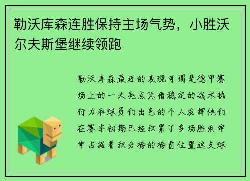 勒沃库森连胜保持主场气势，小胜沃尔夫斯堡继续领跑
