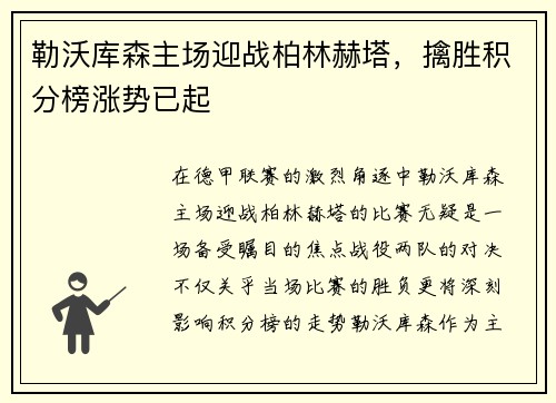 勒沃库森主场迎战柏林赫塔，擒胜积分榜涨势已起