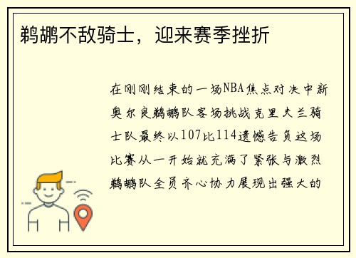 鹈鹕不敌骑士，迎来赛季挫折