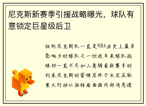 尼克斯新赛季引援战略曝光，球队有意锁定巨星级后卫