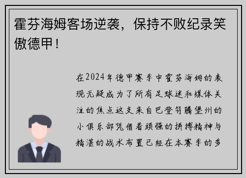 霍芬海姆客场逆袭，保持不败纪录笑傲德甲！