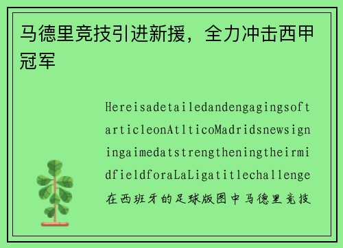 马德里竞技引进新援，全力冲击西甲冠军