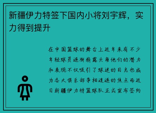 新疆伊力特签下国内小将刘宇辉，实力得到提升