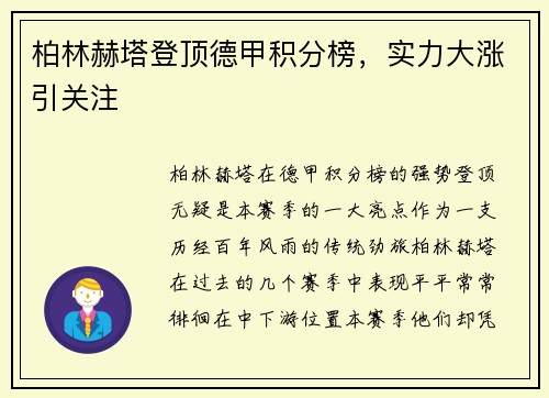 柏林赫塔登顶德甲积分榜，实力大涨引关注