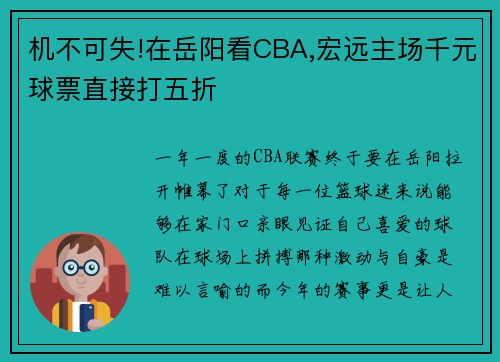 机不可失!在岳阳看CBA,宏远主场千元球票直接打五折